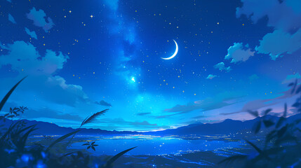 Crescent moon. illustration of a bright moon highlighting the night starry sky