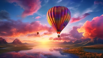 Fototapeta premium Hot air balloon over the lake at sunset