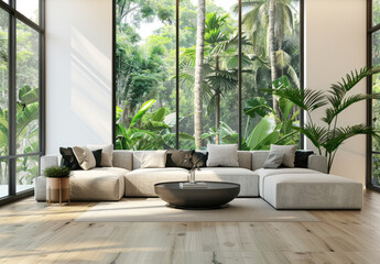 modern living room interior with large windows and a tropical forest outside, a light gray sofa, a black coffee table, white walls, a wooden floor
