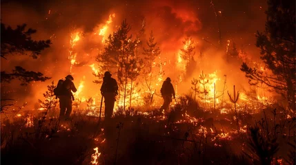 Fotobehang Hikers and firefighters survey fire-ravaged forest. © Nuntapuk