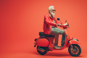 Stylish elderly man sitting on a motor scooter on a solid red background wearing glasses.