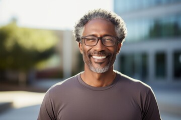 Portrait of a grinning afro-american man in his 50s donning a trendy cropped top while standing against modern university campus background