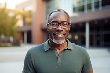 Portrait of a grinning afro-american man in his 50s donning a trendy cropped top in front of modern...