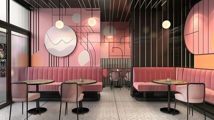 Pink and black graphic wallpapers in a trendy cafe