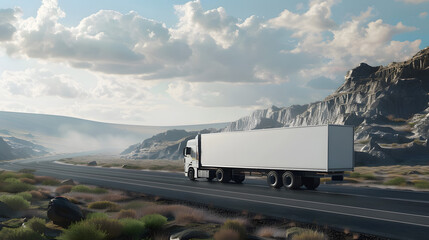 White cargo truck with a white blank empty trailer on highway road with beautiful nature mountains and sky, driving in motion