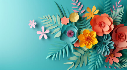 Paper flowers, 3d and art decor for abstract and colorful for spring artistic crafts or creative or decoration isolated. Petal, floral and stem for leaf bouquet in orange, yellow or blue on mockup - obrazy, fototapety, plakaty