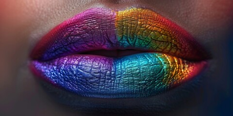 closeup of plump sensual lips painted with shimmering rainbow lipstick - obrazy, fototapety, plakaty