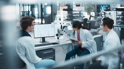 Modern Medical Laboratory: Scientists Working Together on a Research Project. Two Young Men and a Female Talking About Vaccine Development Methods, Gene Editing Studies, Biotechnology Breakthroughs