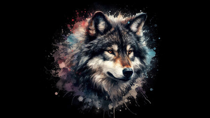 Nocturnal Spirit: A Wolf Rendered in Vivid Watercolor Splashes Against a Deep, Dark Background
