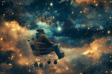 Contemplative Person Gazing at Starry Sky from Shopping Cart