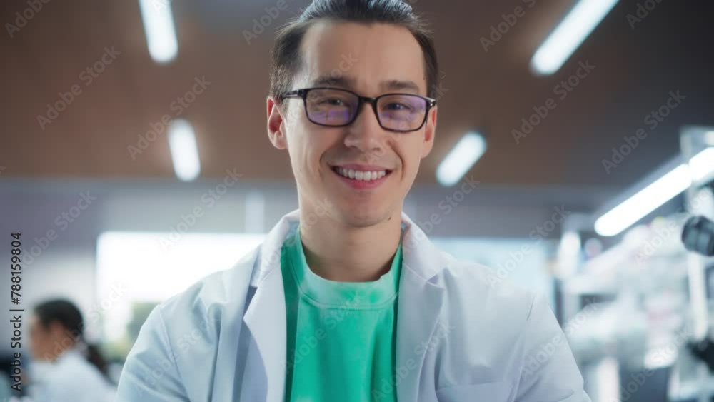 Poster medical research scientist looking at biological samples under a microscope in an applied science la