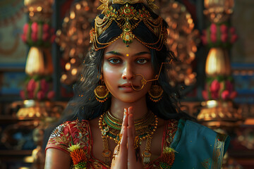 A stunning depiction of Devi Parvati, the Hindu goddess of love, fertility, and devotion, often revered as the nurturing and empowering mother figure in Hindu mythology. - obrazy, fototapety, plakaty