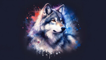 Midnight Howl: Watercolor Splashes Capture a Wolf in Full Majesty on a Shadowy Backdrop. - obrazy, fototapety, plakaty