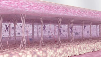 Collagen fibers regeneration in the skin tissues. Fibroblast activation and wrinkle tightening. Extracellular matrix before and after anti-aging skin treatment and cosmetics action.  3d animation