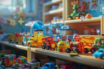 An assortment of colorful kids' toys scattered on a playful background, inviting imagination and joy.