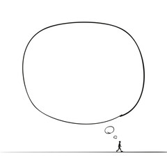 A large thought bubble comes from a small hand drawn human figure walking quickly in a straight line, Vector sketch