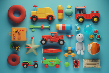 An assortment of colorful kids' toys scattered on a playful background, inviting imagination and joy.