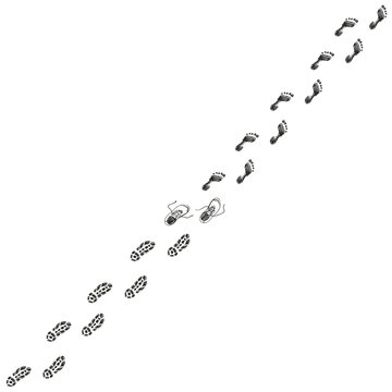 Shoe prints, removed shoes left standing in the middle of the path, prints of bare human feet, Vector hand drawn illustration, Simple sketch step footprints paths isolated on white background