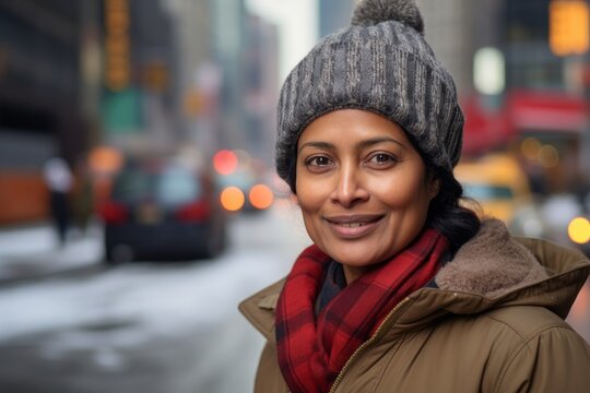 Portrait of a tender indian woman in her 40s dressed in a warm ski hat in bustling city street background