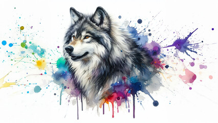 Ethereal Guardian: A Wolf on Alert, Rendered in Beautiful Watercolor Splashes on a Bright White Background.