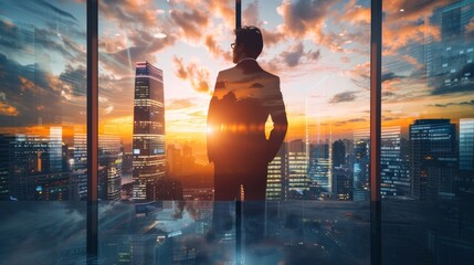 Silhouetted against the rising sun and cityscape, the businessman embodies the fusion of ambition and progress, a beacon of forward-thinking amidst the corporate landscape.
