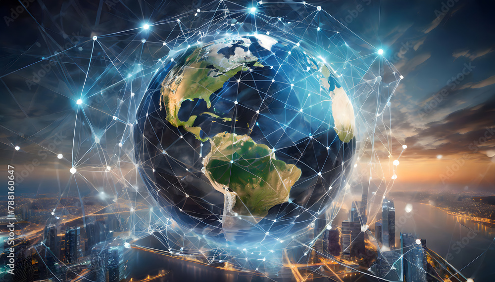 Poster global world network and telecommunication background. generative ai.