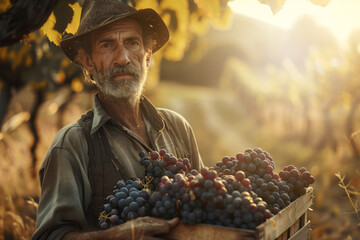 Elderly farmer holding a wooden box while harvesting grapes in the field, close up with sun rays in the background with space for text or inscriptions
 - Powered by Adobe