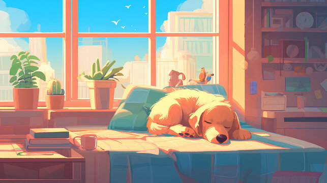 sleeping cute dog. dog at home illustration background