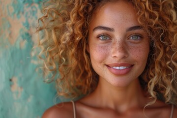 portrait of happy beautiful Hispanic woman with short blonde curly hair, with freckles on her face and sensual lips, closeup