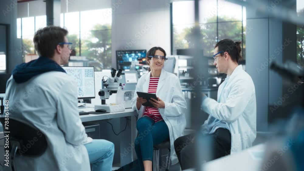 Aufkleber Female Research Scientist Having a Conversation with Two Intern Students About the Effects of Different Pharmaceutical Drugs. Employees Looking at a Computer Software in a Modern Science Laboratory