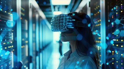 Une technicienne portant des lunettes VR travaillant dans la salle des serveurs, entourée de données holographiques et de connexions réseau.