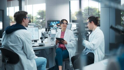 Female Research Scientist Having a Conversation with Two Intern Students About the Effects of Different Pharmaceutical Drugs. Employees Looking at a Computer Software in a Modern Science Laboratory - Powered by Adobe