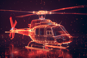 An innovative wireframe-based visualization depicting a helicopter against a glowing translucent background, showcasing advanced design and futuristic aesthetics