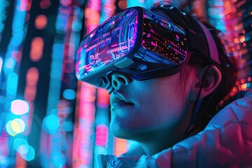 Une personne portant un casque de réalité virtuelle devant des visualisations de données lumineuses. - obrazy, fototapety, plakaty