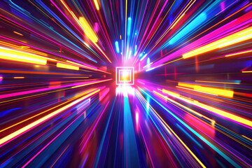 Arrière-plan vibrant et coloré avec des traînées de lumière se déplaçant vers le centre, créant une illusion de vitesse et de mouvement.