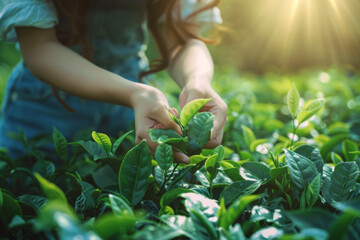 Female worker picking tea leaves on a green plantation, focus on hand, with sunlight in the...