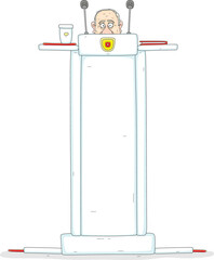 Funny official on a high white podium taking his very important speech at a meeting or press conference, vector cartoon illustration on a white background