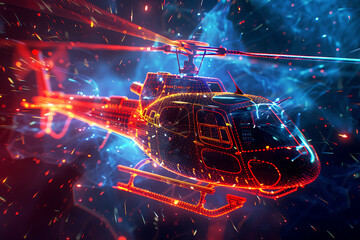 An innovative wireframe-based visualization depicting a helicopter against a glowing translucent background, showcasing advanced design and futuristic aesthetics.