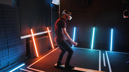 Futuristic oculus rift glasses VR studio. Technology visor simulation. Augmented eyewear headset. Virtual reality helmet gadget gaming. AR Quest goggles set. Man holding balance in simulator game. - obrazy, fototapety, plakaty