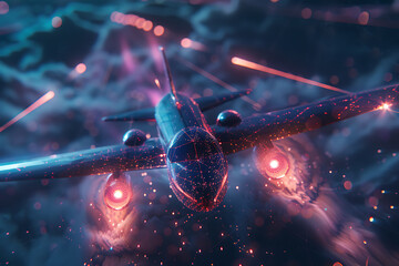 A futuristic wireframe-based visualization of an airplane against a glowing translucent background, showcasing advanced aeronautic design and cutting-edge technology in digital art. - obrazy, fototapety, plakaty