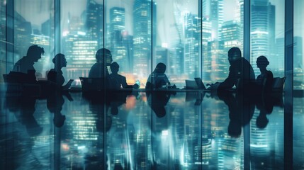 In the conference chamber, silhouettes merge seamlessly with the cityscape, evoking the nuanced layers of corporate dialogue, where myriad perspectives intersect.
