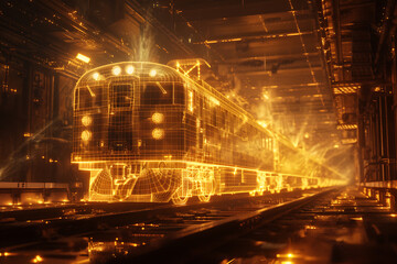 A mesmerizing wireframe-based visualization of a train against a glowing translucent background, offering a futuristic and dynamic interpretation of modern transportation.