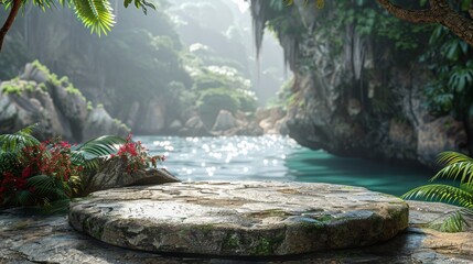 empty stone podium against the backdrop of tropical rocks and turquoise river, copy space, for product presentation