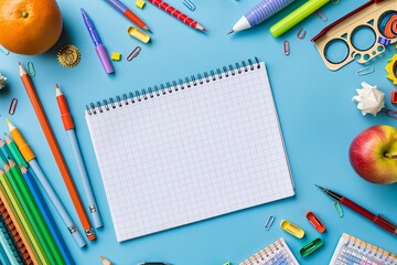 Background. White A4 sheet, top view. school theme.