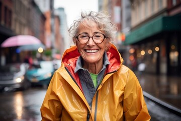 Portrait of a grinning woman in her 70s sporting a waterproof rain jacket in front of bustling city street background - Powered by Adobe