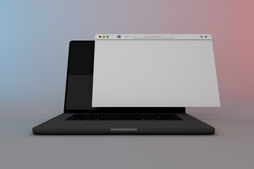 Black macbook pro and browser Safari or Google Chrome. 3D website interface with modern black laptop