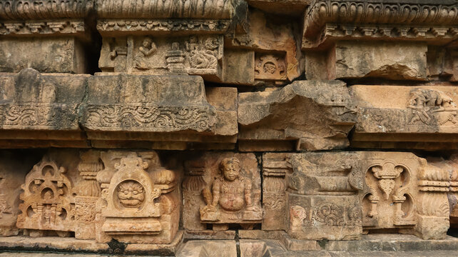 Ancient Carving Sculptures on the Shri Pataleshwar Temple, 12th Century Lord Shiva Temple, Malhar, Chhattisgarh, India.