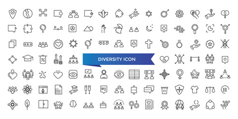 Diversity icon collection. Related to equality, culture, languages, tolerance, difference, belonging, human rights and ethnicity icons. Line icon set.
