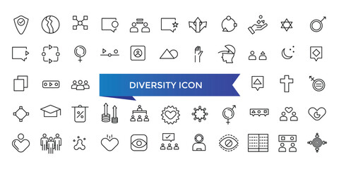 Diversity icon collection. Related to equality, culture, languages, tolerance, difference, belonging, human rights and ethnicity icons. Line icon set.