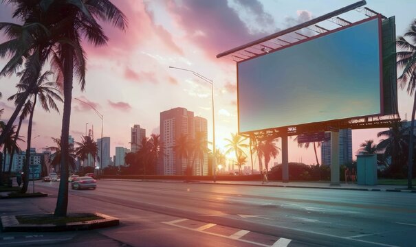 An empty billboard on the background of a evening city street. An empty space for advertising products. Street advertising, urban marketing. Realistic image.